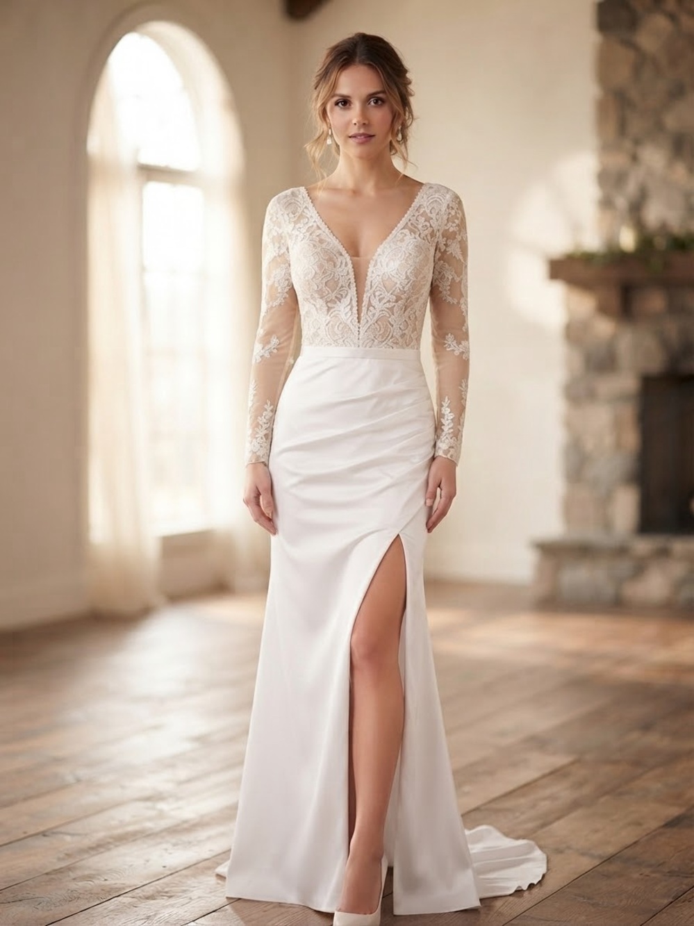 Ivory Lace Bodice Wedding Dress with Long Sleeves and High Slit